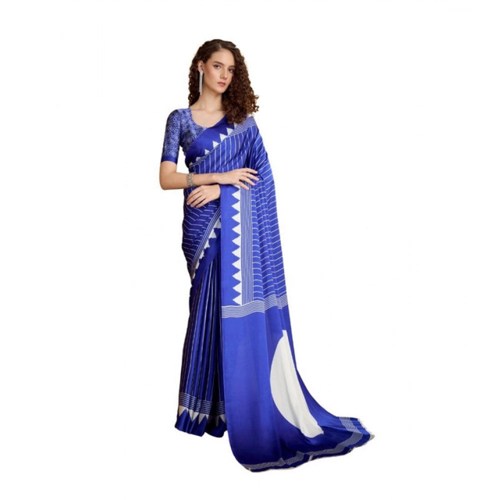Generic Women's Satin Crepe Printed Saree With Unstitched Blouse 5.5Mtr (Navy Blue)