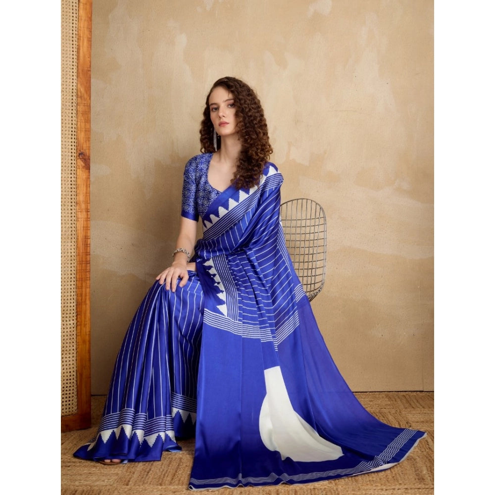Generic Women's Satin Crepe Printed Saree With Unstitched Blouse 5.5Mtr (Navy Blue)