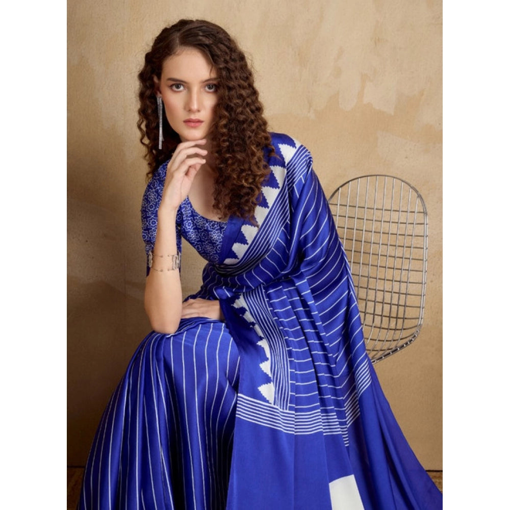 Generic Women's Satin Crepe Printed Saree With Unstitched Blouse 5.5Mtr (Navy Blue)