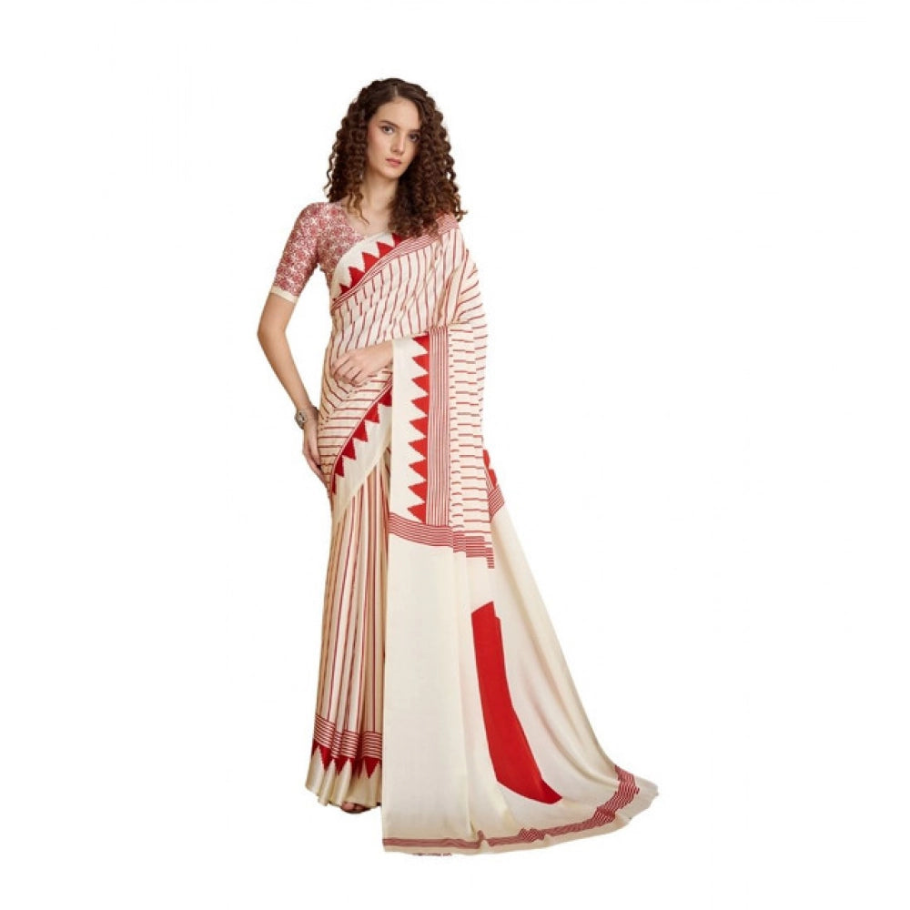 Generic Women's Satin Crepe Printed Saree With Unstitched Blouse 5.5Mtr (Off White)
