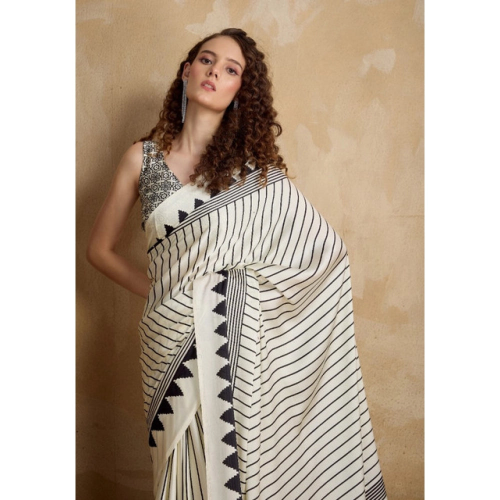 Generic Women's Satin Crepe Printed Saree With Unstitched Blouse 5.5Mtr (White)