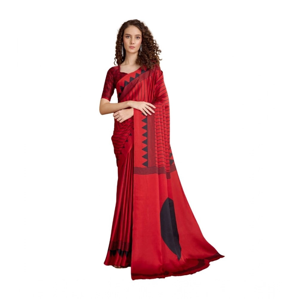 Generic Women's Satin Crepe Printed Saree With Unstitched Blouse 5.5Mtr (Red)