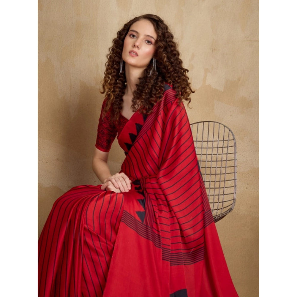 Generic Women's Satin Crepe Printed Saree With Unstitched Blouse 5.5Mtr (Red)