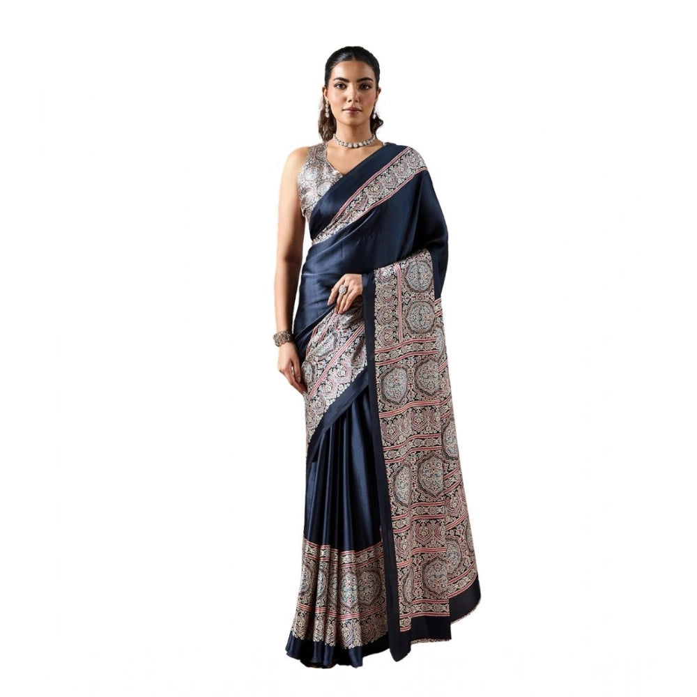 Generic Women's Satin Crepe Printed Saree With Unstitched Blouse 5.5Mtr (Navy Blue)