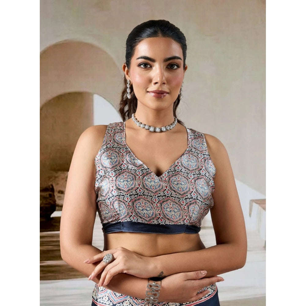 Generic Women's Satin Crepe Printed Saree With Unstitched Blouse 5.5Mtr (Navy Blue)