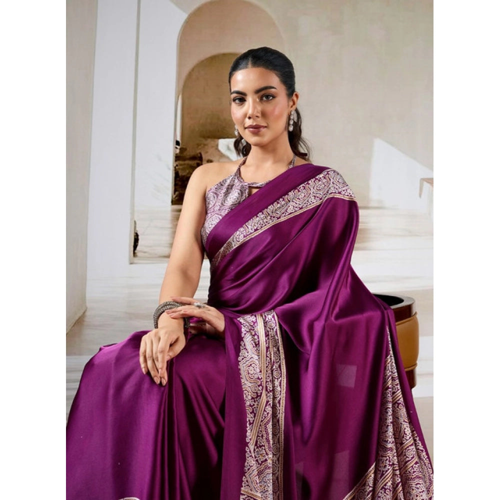Generic Women's Satin Crepe Printed Saree With Unstitched Blouse 5.5Mtr (Purple)