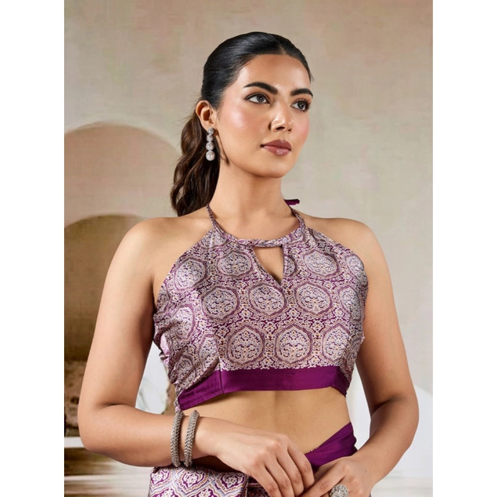 Generic Women's Satin Crepe Printed Saree With Unstitched Blouse 5.5Mtr (Purple)