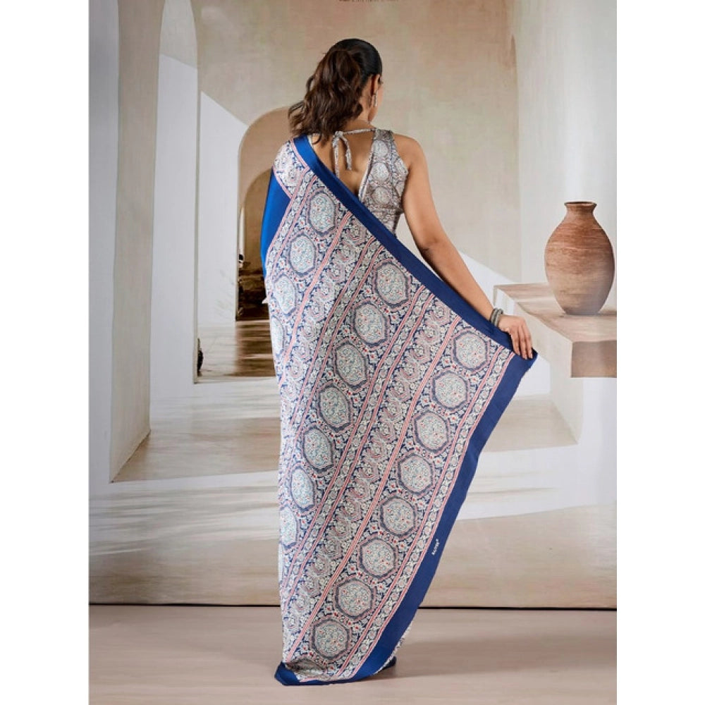 Generic Women's Satin Crepe Printed Saree With Unstitched Blouse 5.5Mtr (Blue)