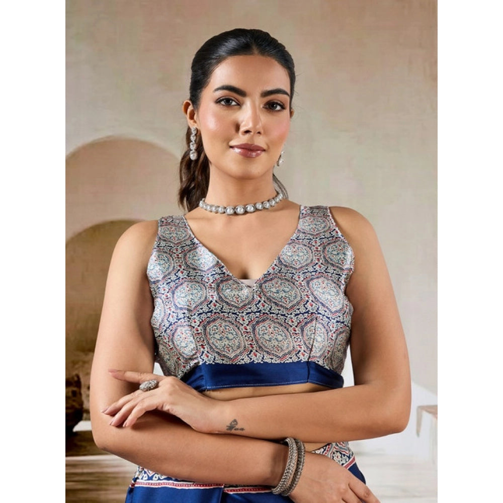 Generic Women's Satin Crepe Printed Saree With Unstitched Blouse 5.5Mtr (Blue)