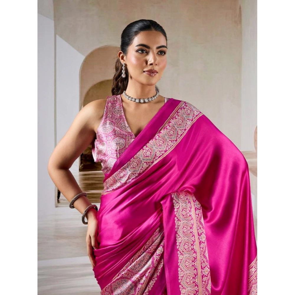 Generic Women's Satin Crepe Printed Saree With Unstitched Blouse 5.5Mtr (Pink)