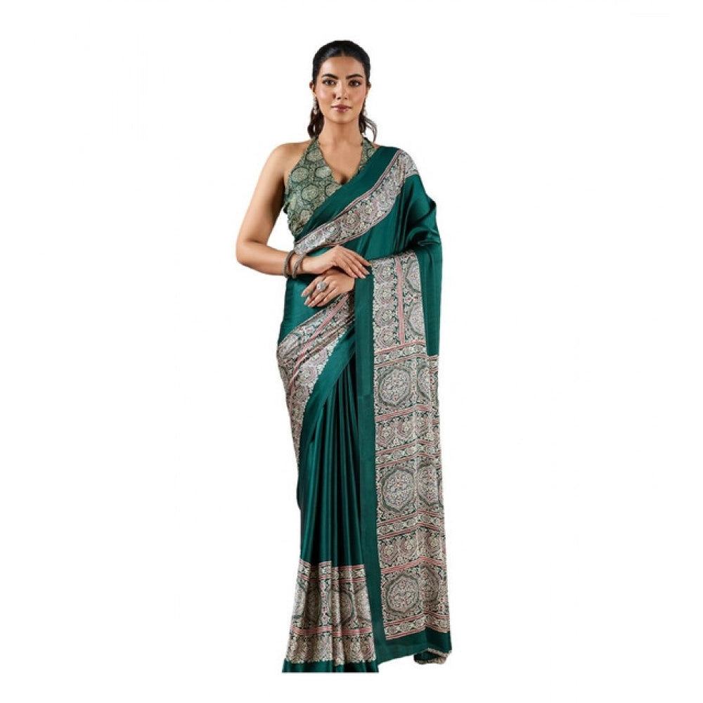 Generic Women's Satin Crepe Printed Saree With Unstitched Blouse 5.5Mtr (Green)