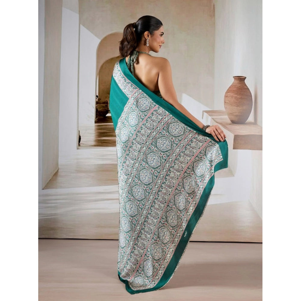 Generic Women's Satin Crepe Printed Saree With Unstitched Blouse 5.5Mtr (Green)