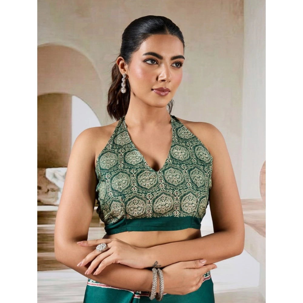 Generic Women's Satin Crepe Printed Saree With Unstitched Blouse 5.5Mtr (Green)