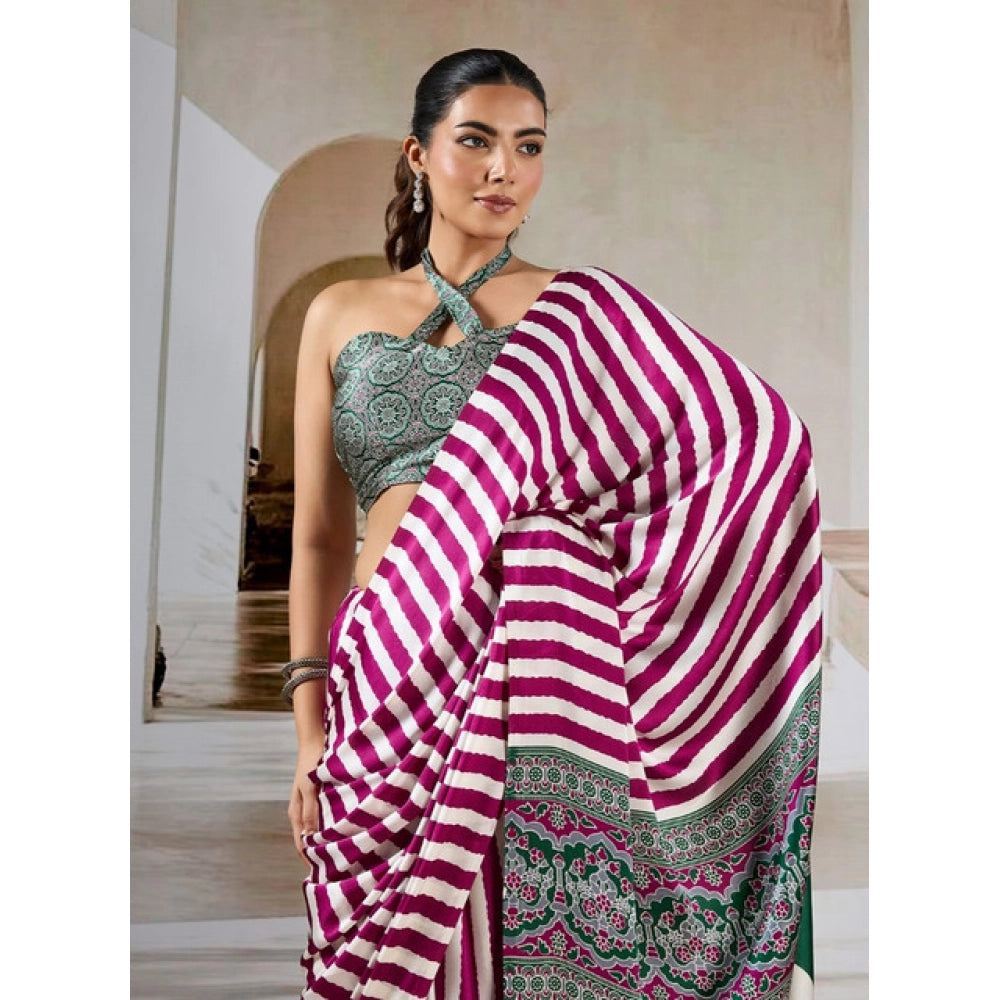 Generic Women's Satin Crepe Printed Saree With Unstitched Blouse 5.5Mtr (Magenta)