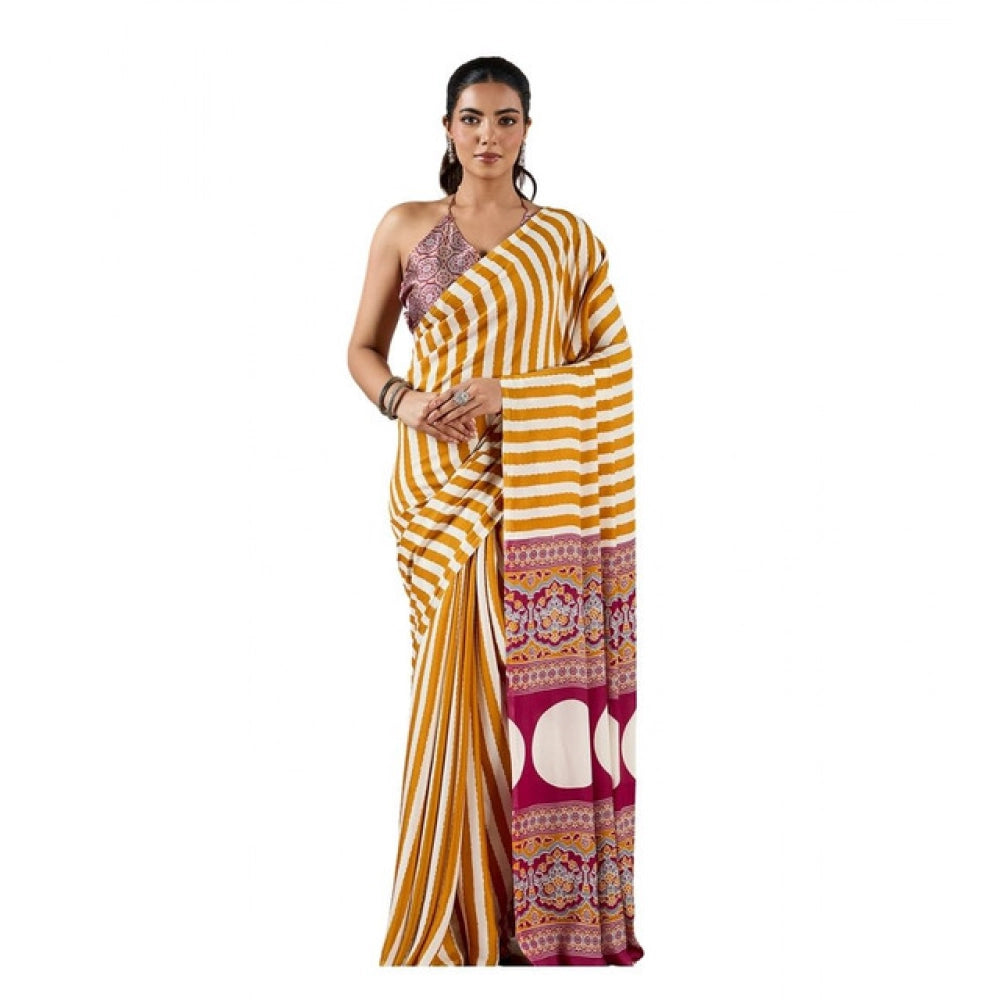 Generic Women's Satin Crepe Printed Saree With Unstitched Blouse 5.5Mtr (Mustard)