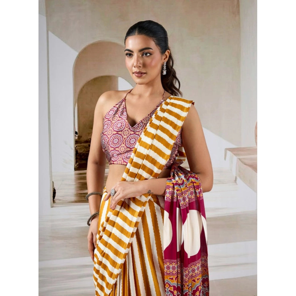 Generic Women's Satin Crepe Printed Saree With Unstitched Blouse 5.5Mtr (Mustard)