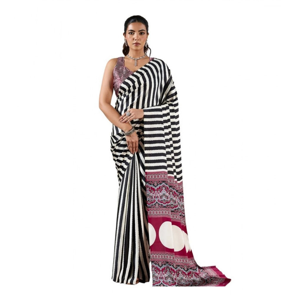 Generic Women's Satin Crepe Printed Saree With Unstitched Blouse 5.5Mtr (Black)