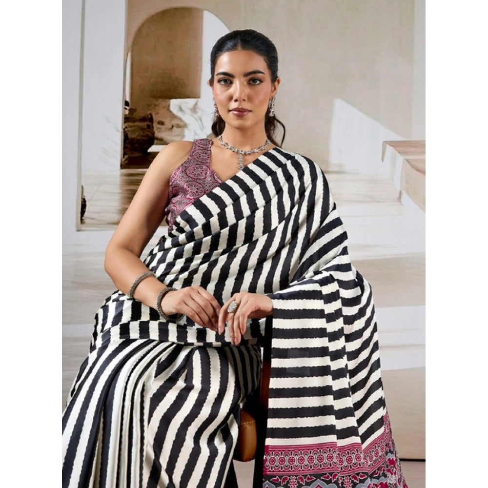 Generic Women's Satin Crepe Printed Saree With Unstitched Blouse 5.5Mtr (Black)