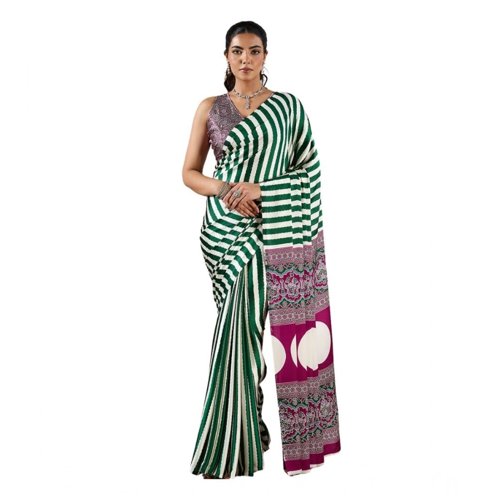 Generic Women's Satin Crepe Printed Saree With Unstitched Blouse 5.5Mtr (Green)