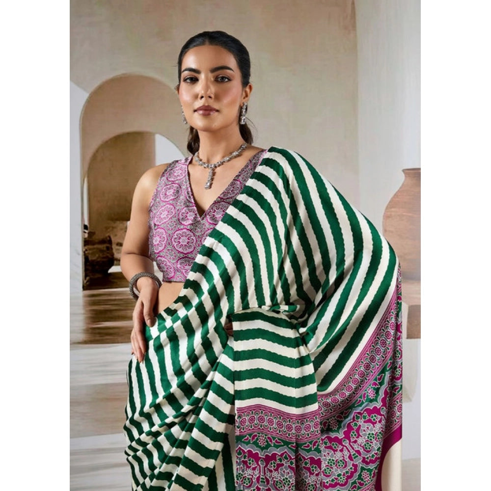 Generic Women's Satin Crepe Printed Saree With Unstitched Blouse 5.5Mtr (Green)