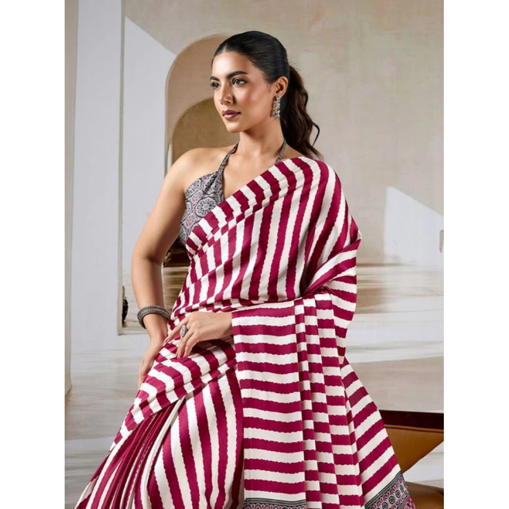 Generic Women's Satin Crepe Printed Saree With Unstitched Blouse 5.5Mtr (Maroon)