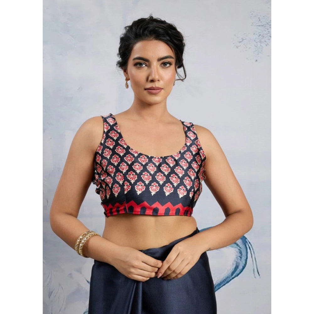 Generic Women's Satin Crepe Printed Saree With Unstitched Blouse 5.5Mtr (Navy Blue)