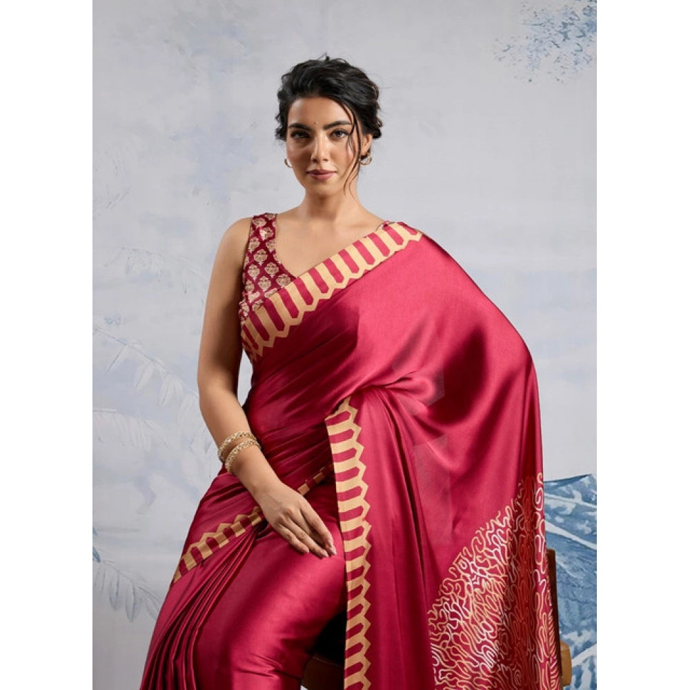 Generic Women's Satin Crepe Printed Saree With Unstitched Blouse 5.5Mtr (Maroon)