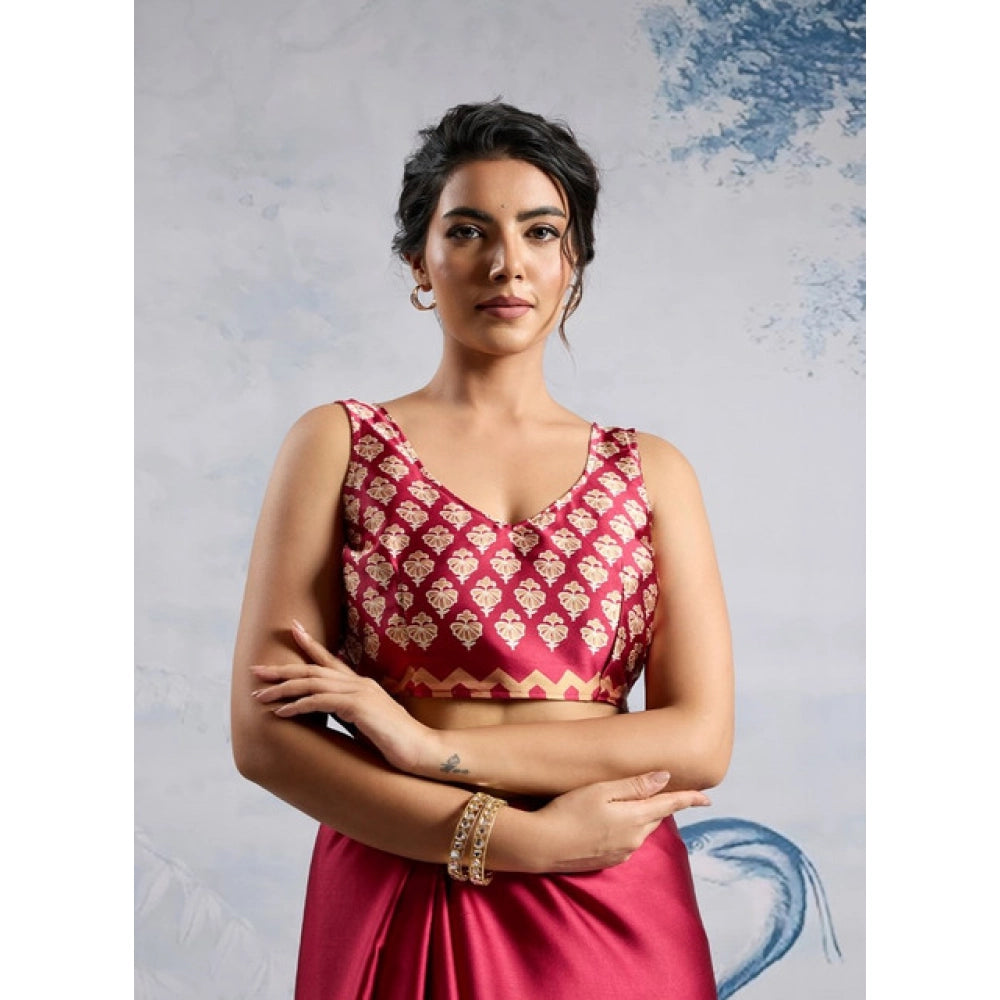 Generic Women's Satin Crepe Printed Saree With Unstitched Blouse 5.5Mtr (Maroon)