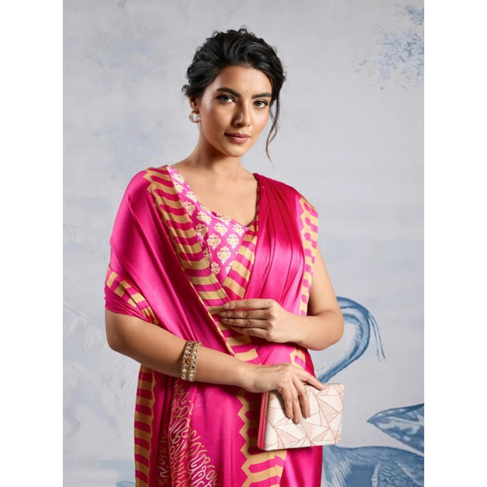 Generic Women's Satin Crepe Printed Saree With Unstitched Blouse 5.5Mtr (Pink)