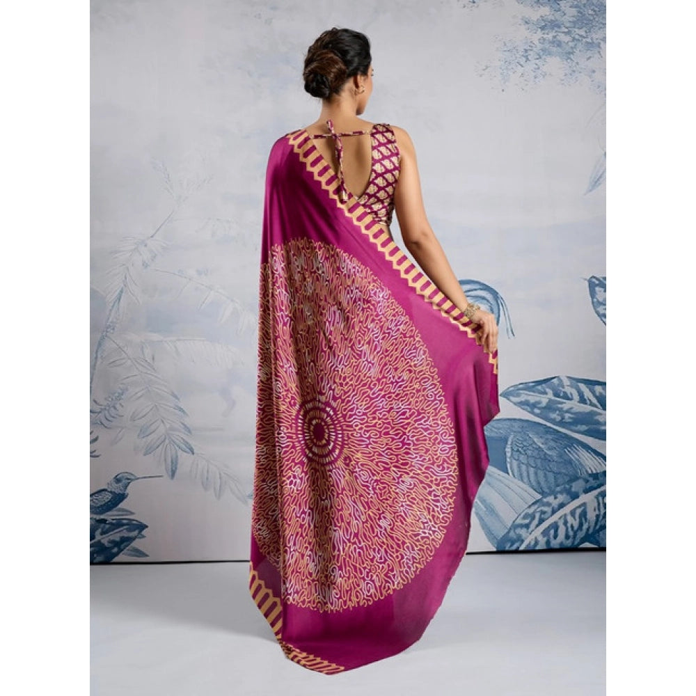 Generic Women's Satin Crepe Printed Saree With Unstitched Blouse 5.5Mtr (Purple)