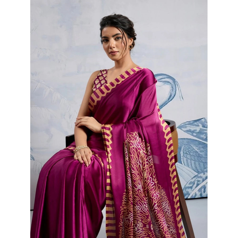 Generic Women's Satin Crepe Printed Saree With Unstitched Blouse 5.5Mtr (Purple)