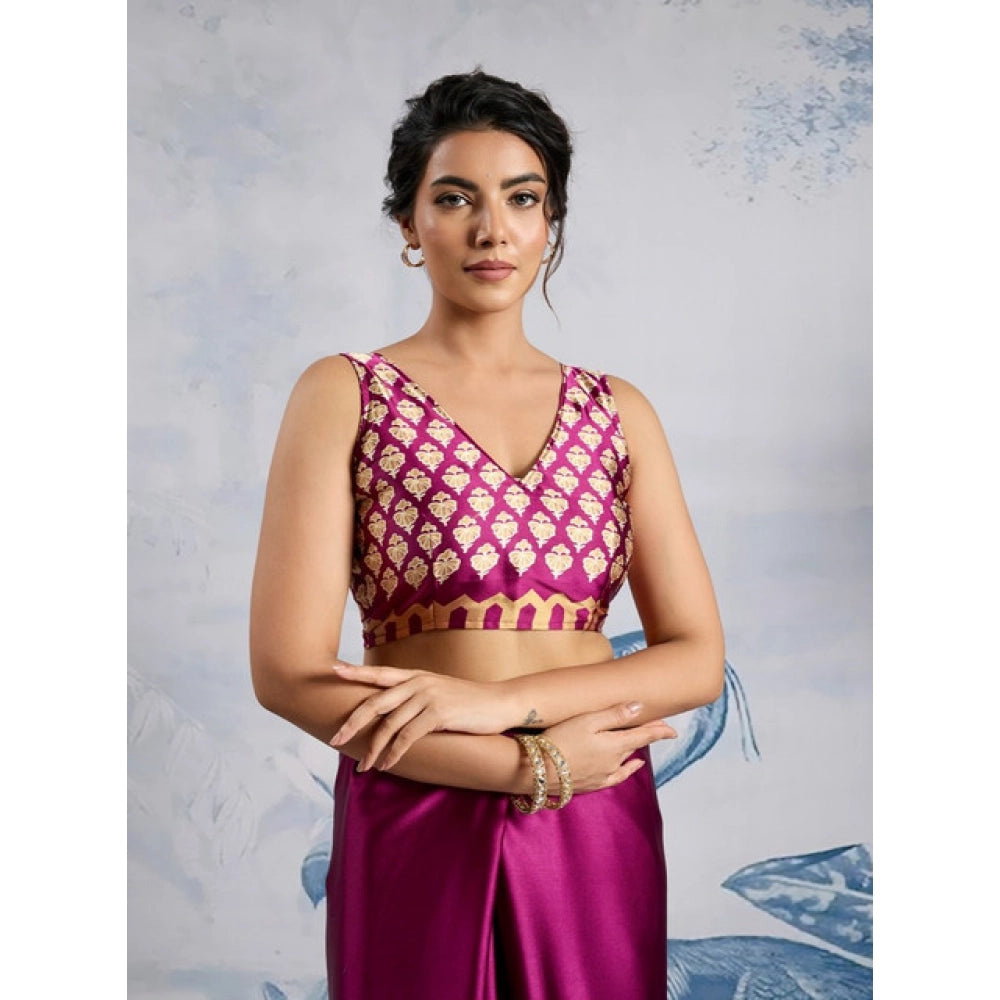 Generic Women's Satin Crepe Printed Saree With Unstitched Blouse 5.5Mtr (Purple)