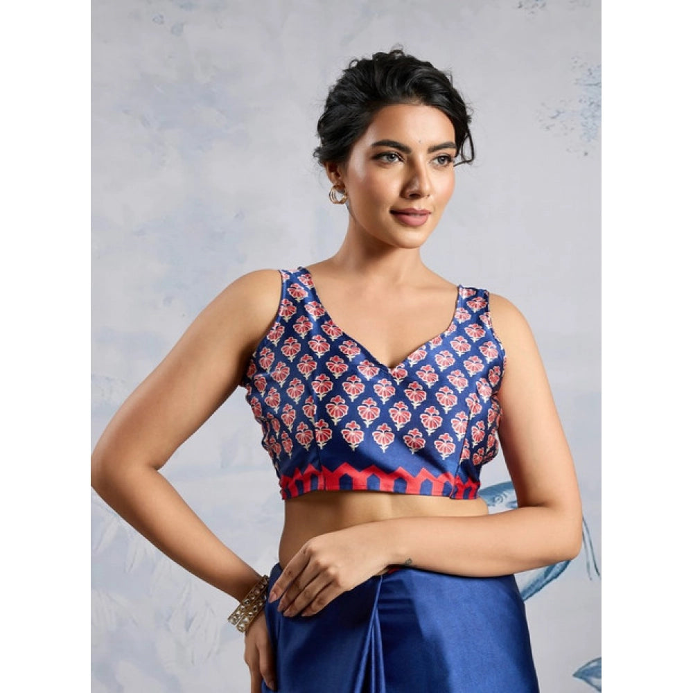 Generic Women's Satin Crepe Printed Saree With Unstitched Blouse 5.5Mtr (Blue)
