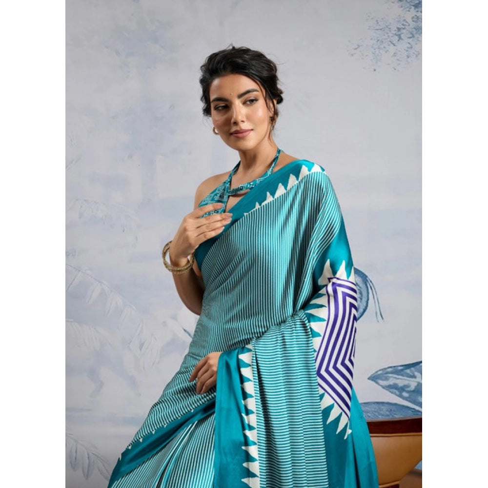 Generic Women's Satin Crepe Printed Saree With Unstitched Blouse 5.5Mtr (Rama Blue)