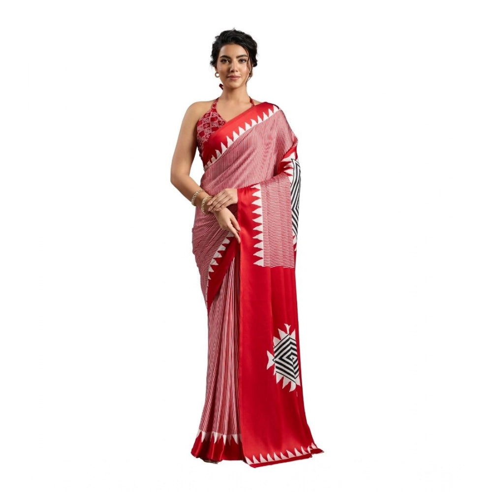Generic Women's Satin Crepe Printed Saree With Unstitched Blouse 5.5Mtr (Red)