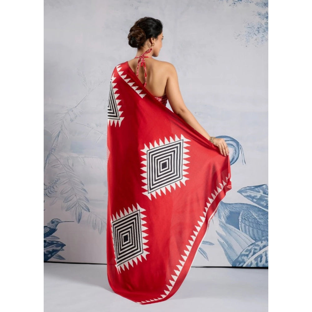 Generic Women's Satin Crepe Printed Saree With Unstitched Blouse 5.5Mtr (Red)