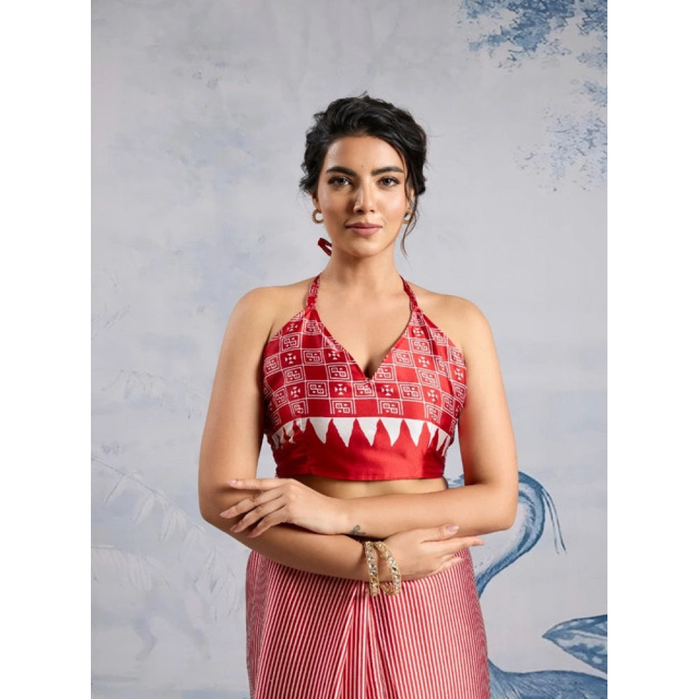 Generic Women's Satin Crepe Printed Saree With Unstitched Blouse 5.5Mtr (Red)