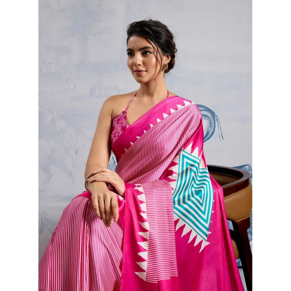 Generic Women's Satin Crepe Printed Saree With Unstitched Blouse 5.5Mtr (Pink)