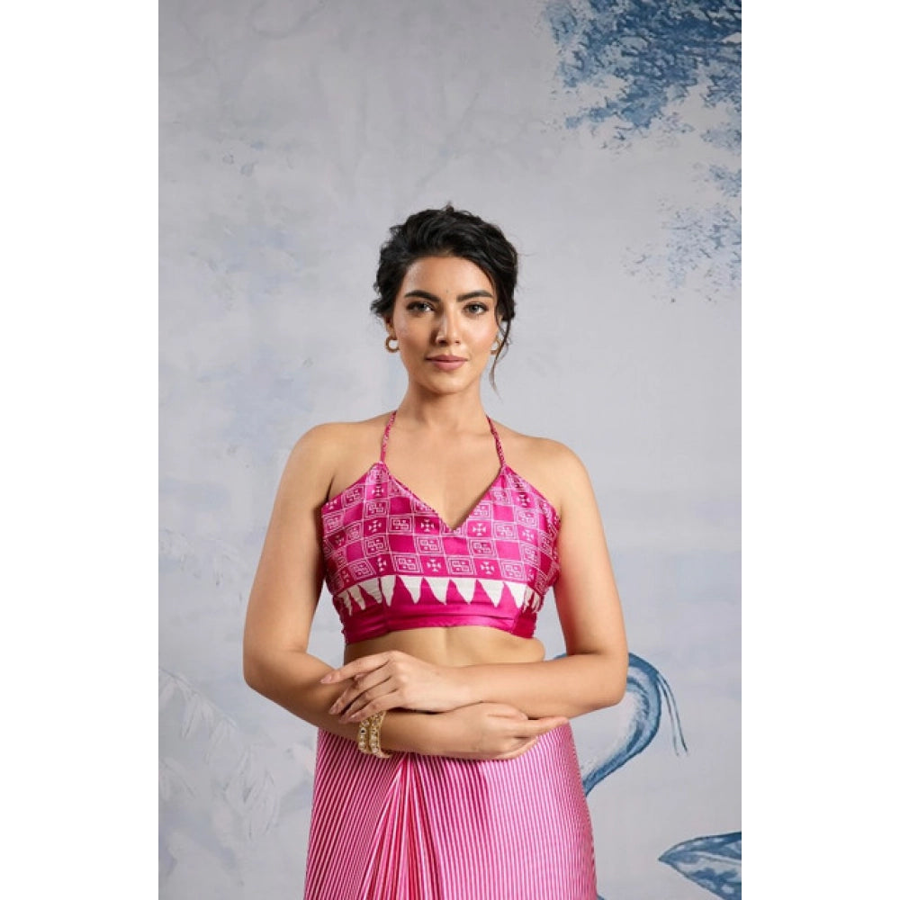 Generic Women's Satin Crepe Printed Saree With Unstitched Blouse 5.5Mtr (Pink)