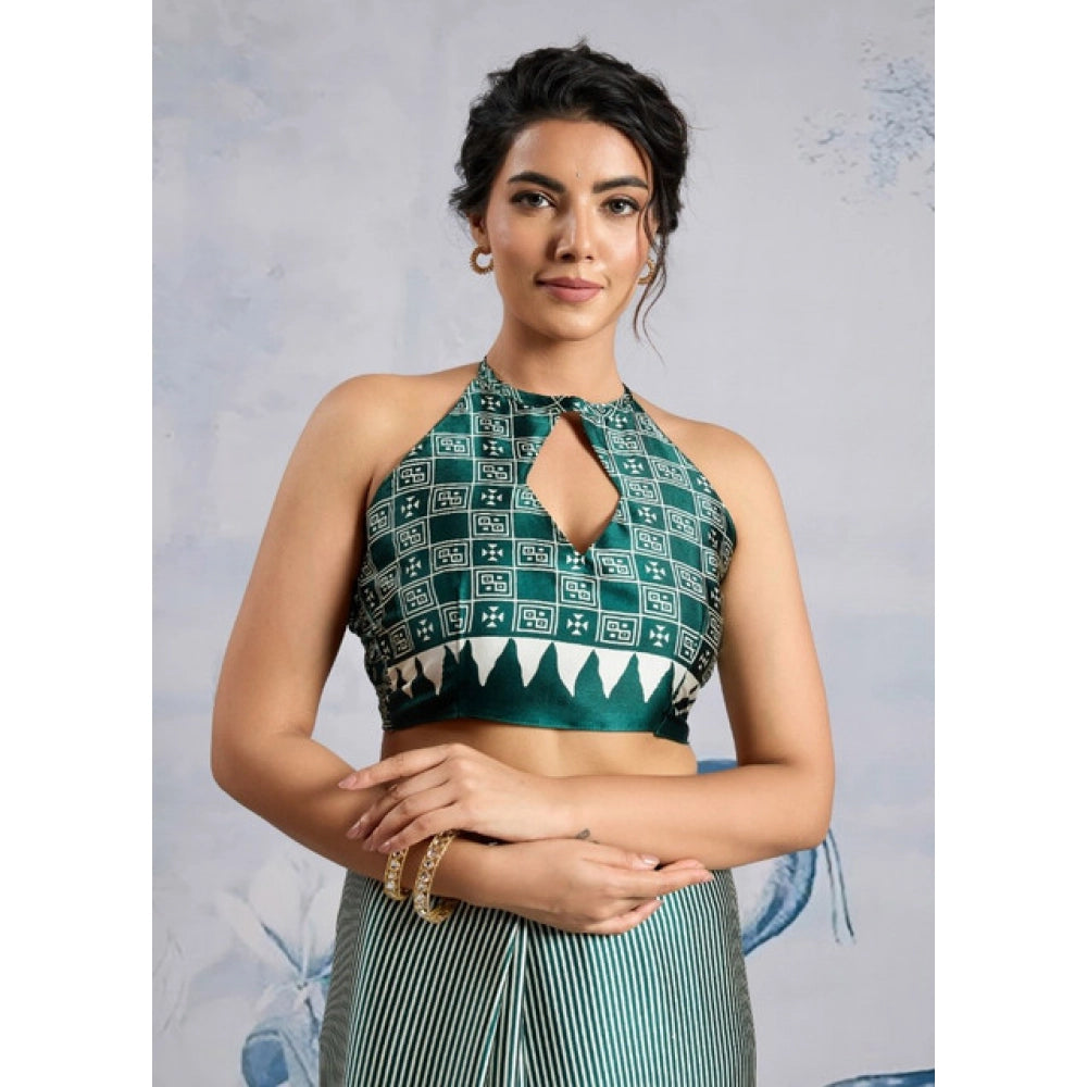 Generic Women's Satin Crepe Printed Saree With Unstitched Blouse 5.5Mtr (Green)