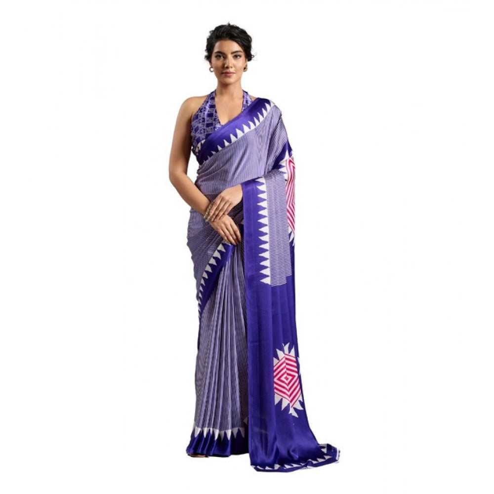 Generic Women's Satin Crepe Printed Saree With Unstitched Blouse 5.5Mtr (Purple)
