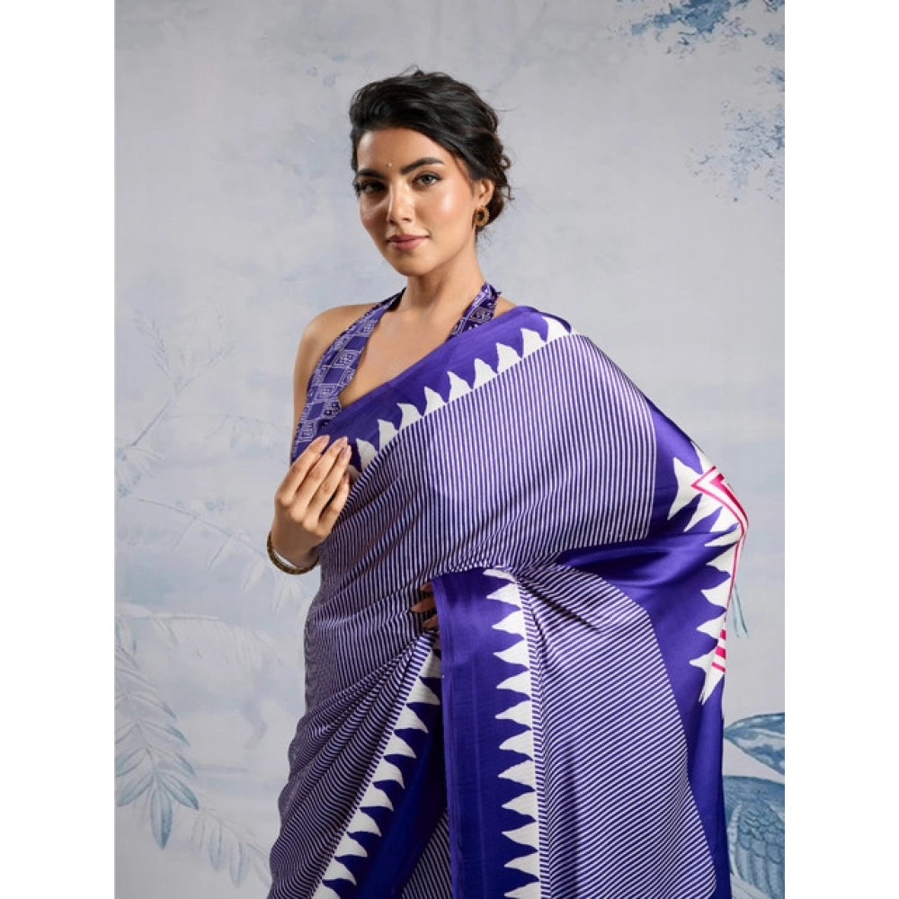 Generic Women's Satin Crepe Printed Saree With Unstitched Blouse 5.5Mtr (Purple)