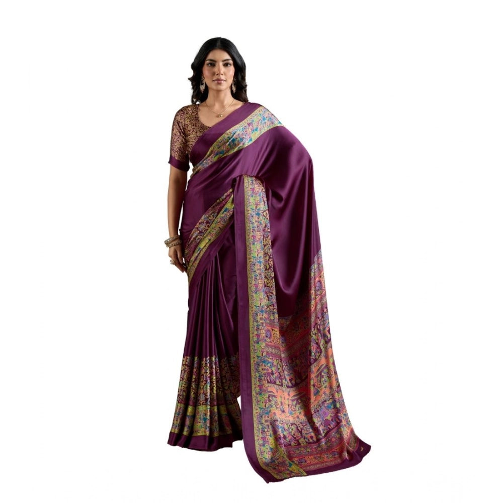 Generic Women's Satin Crepe Printed Saree With Unstitched Blouse 5.5Mtr (Purple)