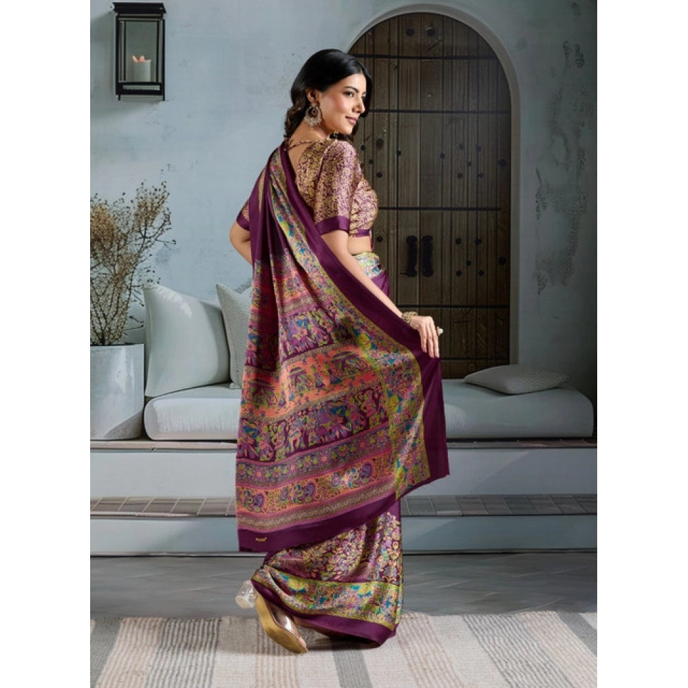 Generic Women's Satin Crepe Printed Saree With Unstitched Blouse 5.5Mtr (Purple)