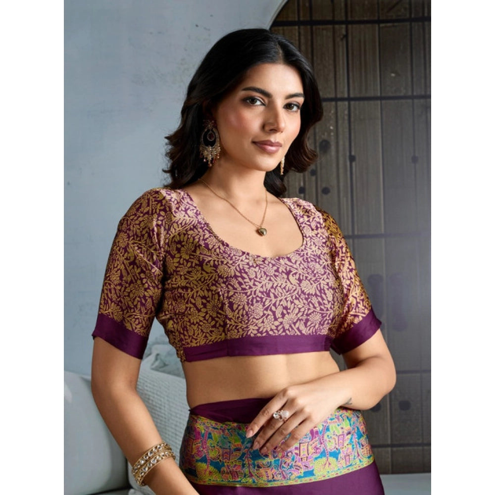 Generic Women's Satin Crepe Printed Saree With Unstitched Blouse 5.5Mtr (Purple)