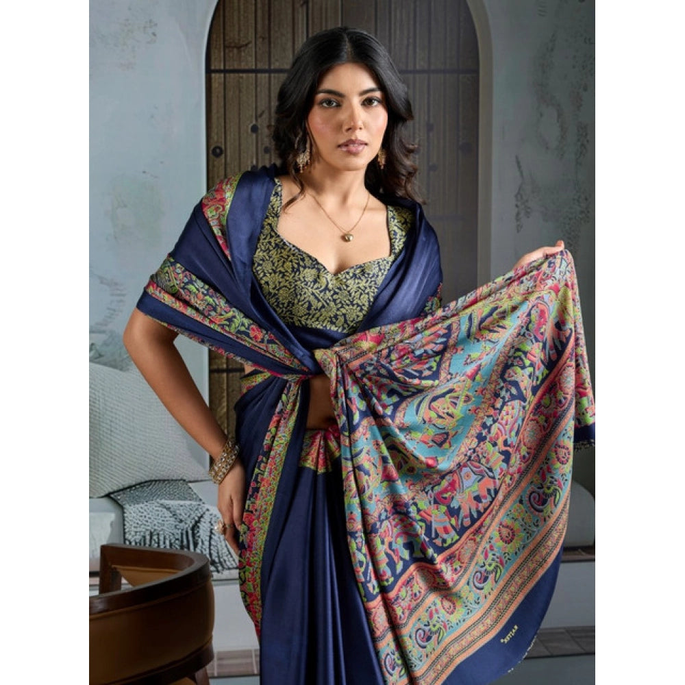 Generic Women's Satin Crepe Printed Saree With Unstitched Blouse 5.5Mtr (Navy Blue)