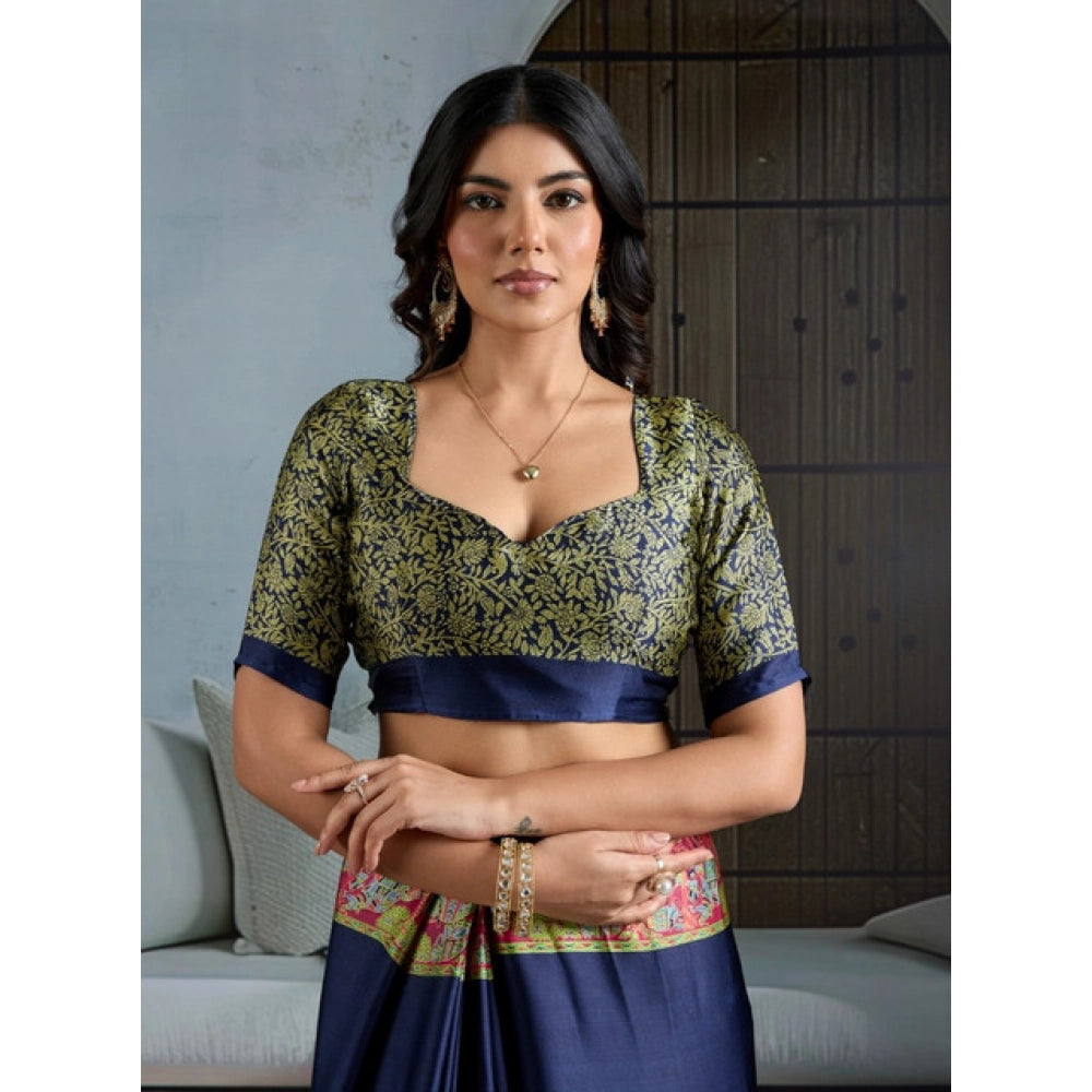 Generic Women's Satin Crepe Printed Saree With Unstitched Blouse 5.5Mtr (Navy Blue)