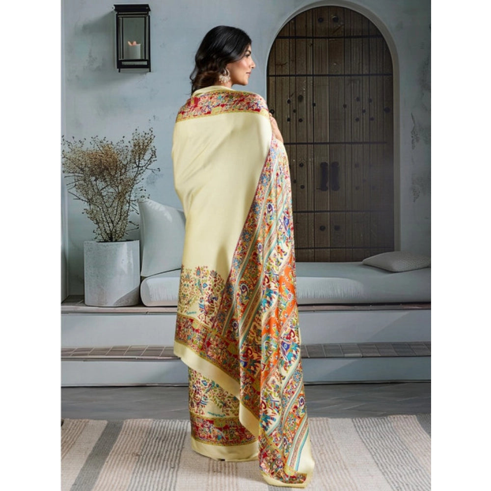 Generic Women's Satin Crepe Printed Saree With Unstitched Blouse 5.5Mtr (Cream)
