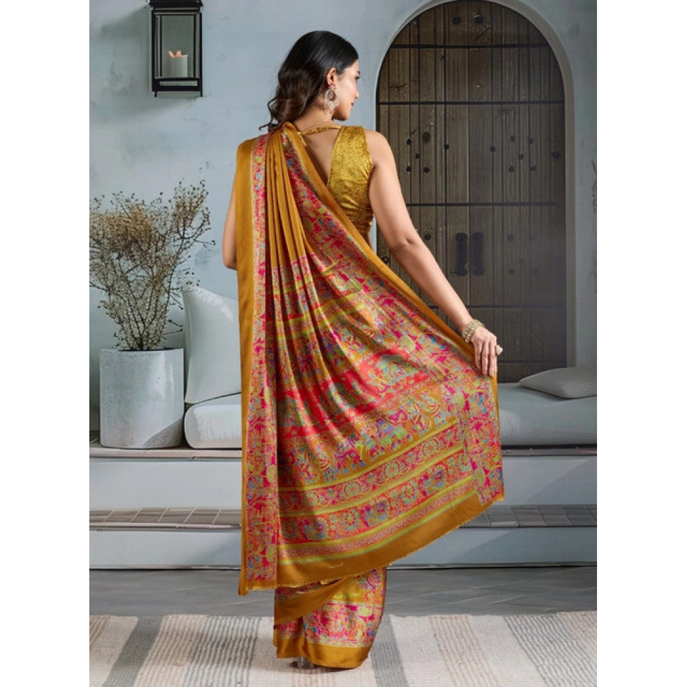 Generic Women's Satin Crepe Printed Saree With Unstitched Blouse 5.5Mtr (Mustard)