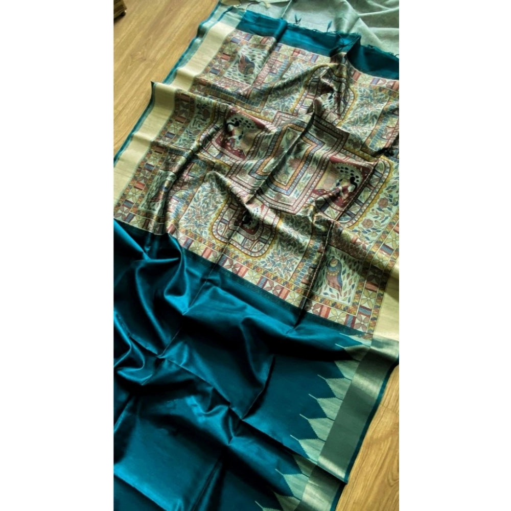 Generic Women's Tussar Silk Madhubani Saree With Unstitched Blouse 5.5Mtr (Rama)
